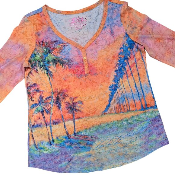 Leoma Lovegrove Medium V-Neck 3/4 Sleeve Palm Tree Sunset Print semi sheer shirt - Picture 4 of 4